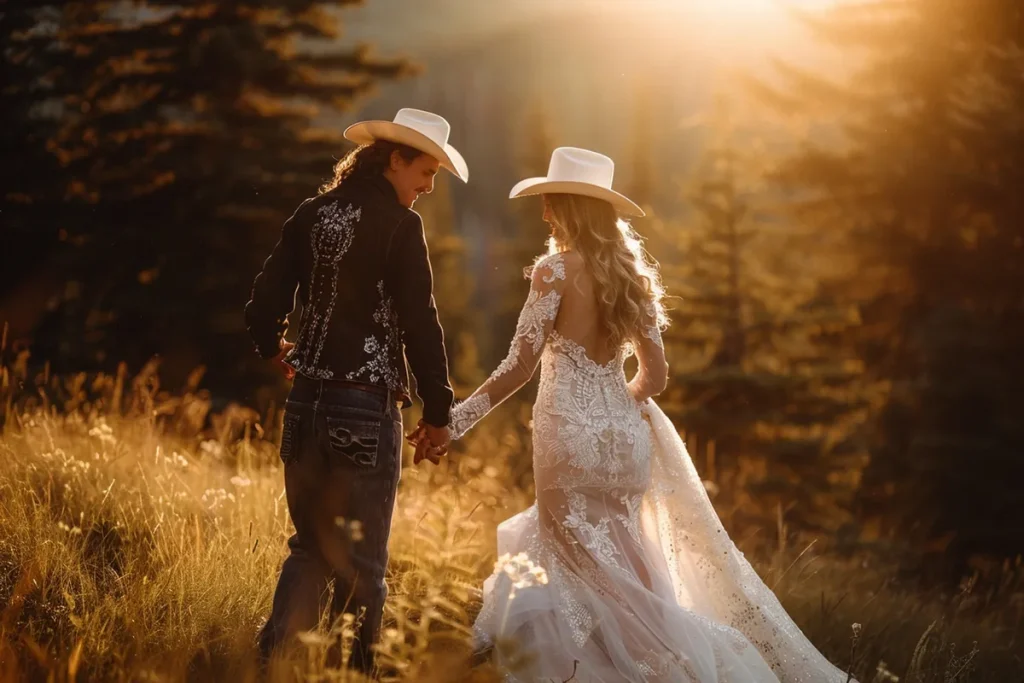 A picture of a bride and groom in front of a forest, wearing cowboy hats.