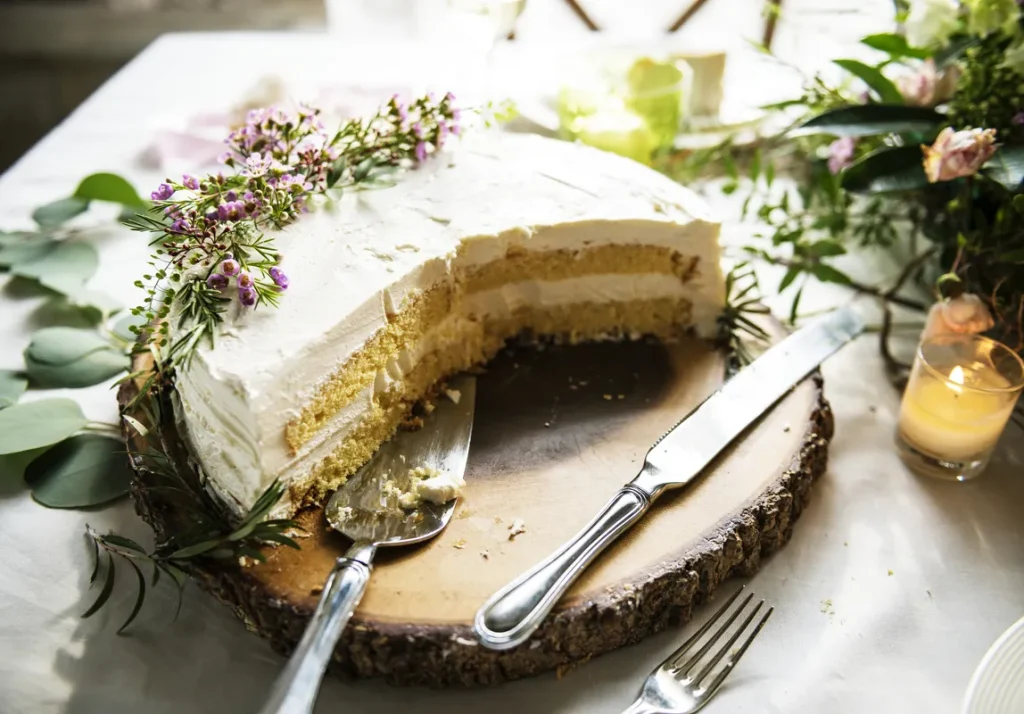 A small, simple two layer wedding cake with some flower decorations.