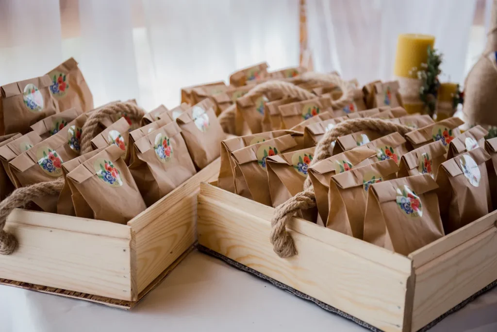 A whole bunch of welcome bags for your party guests.