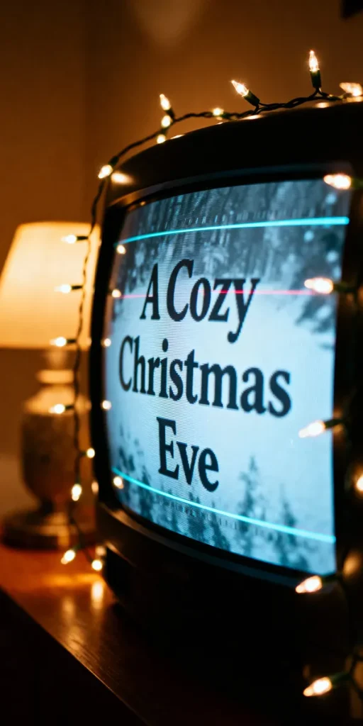 A picture of an old TV with a Christmas movie playing.