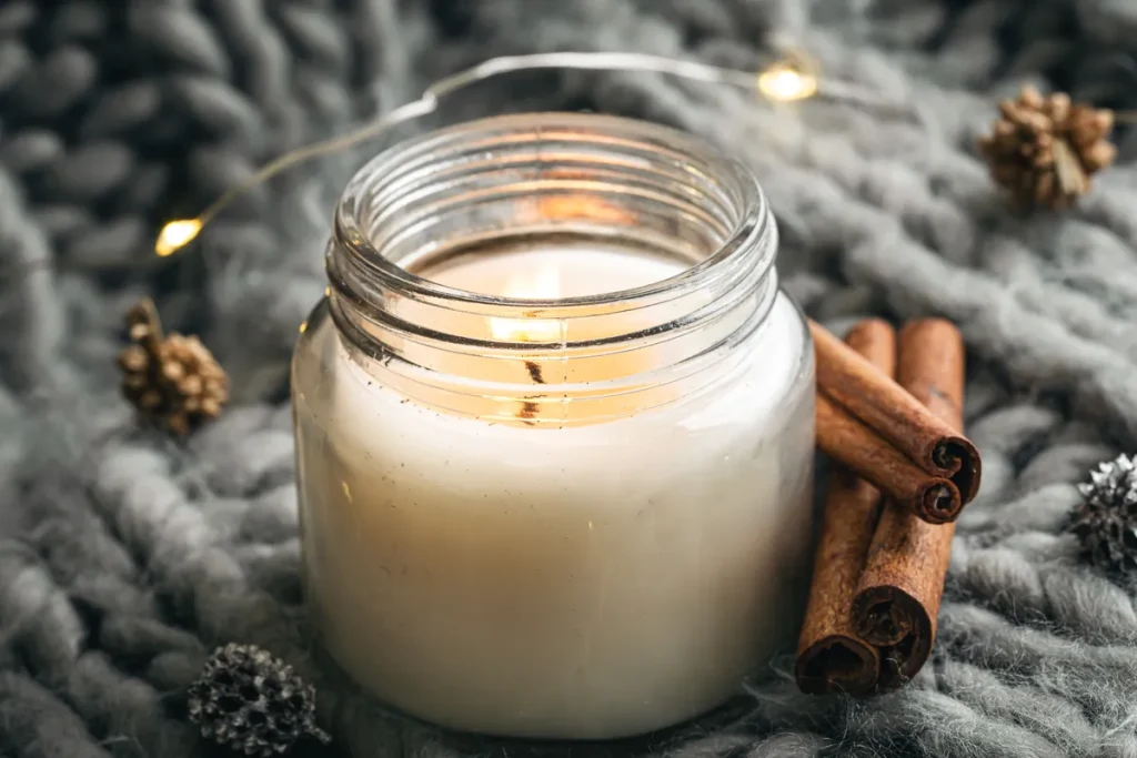 A beautiful white candle with cinnamon sticks next to it.