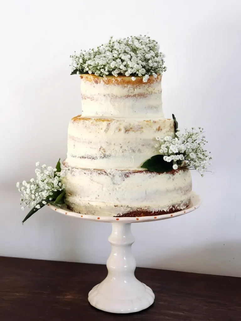 A semi-naked cake with babies breath decoration.