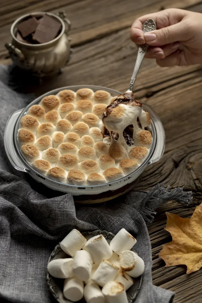 A casserole dish with s'mores ingredients in it to make a s'mores station.