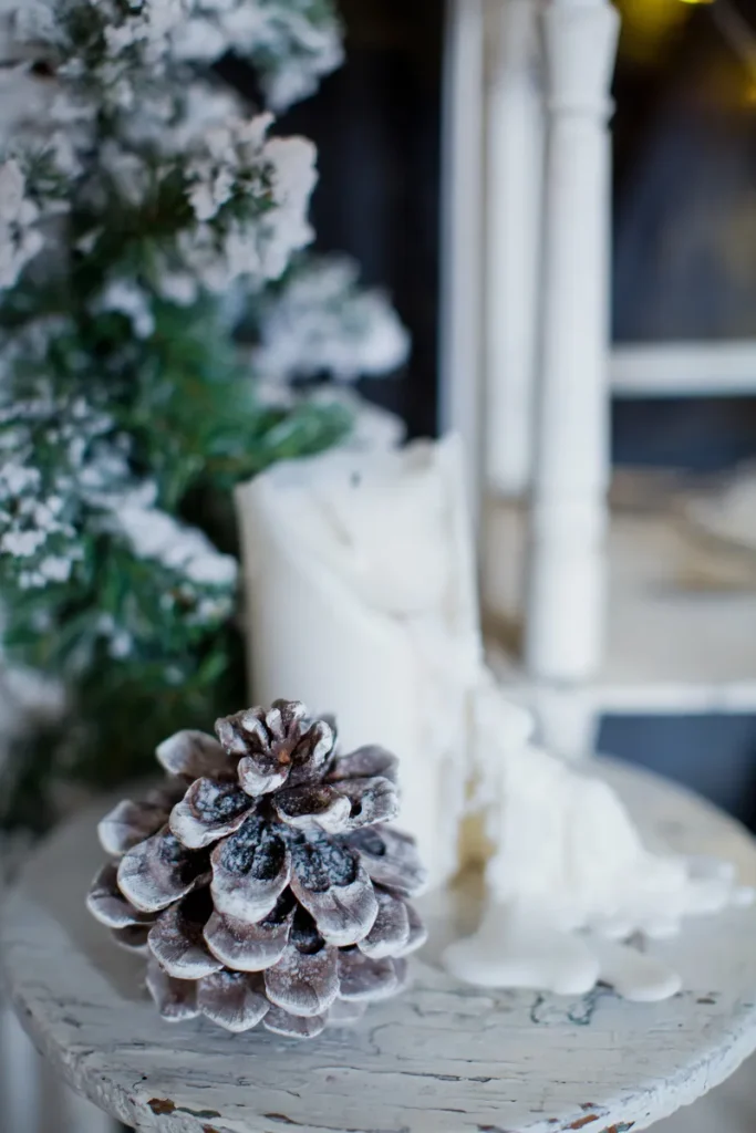 A picture of some snowy inspired decor for your wedding, a frosty pinecone, white candle and snow dusted evergreen.