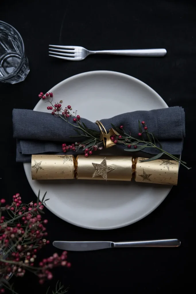 A beautiful black and gold tablescape.
