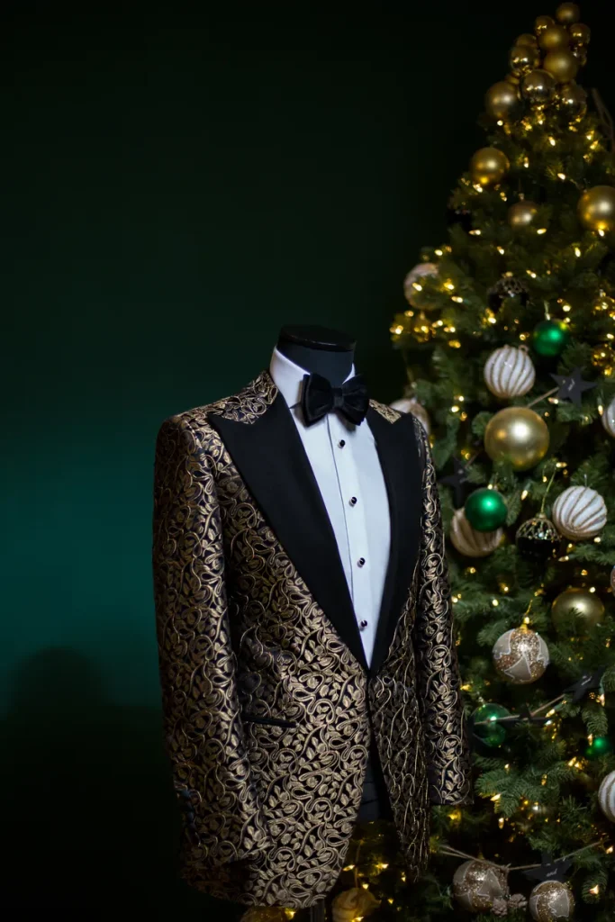 A gold accented men's suit.