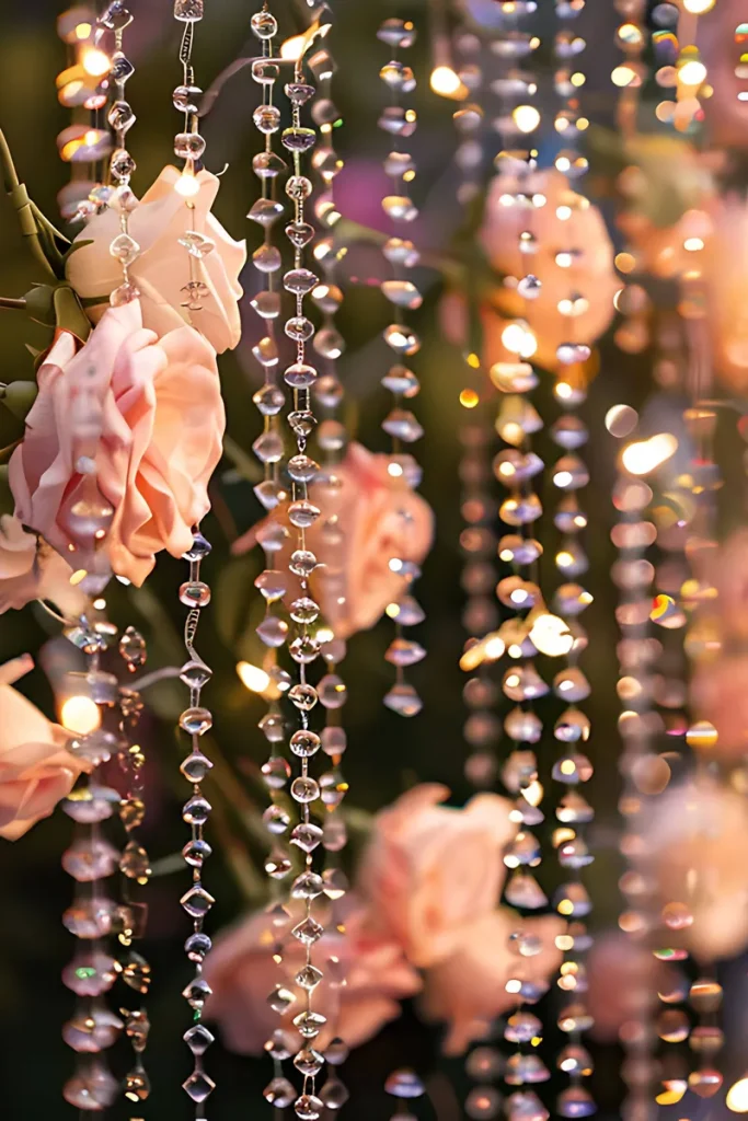 Some beautiful dangling crystal beads, pink roses and twinkle light.s